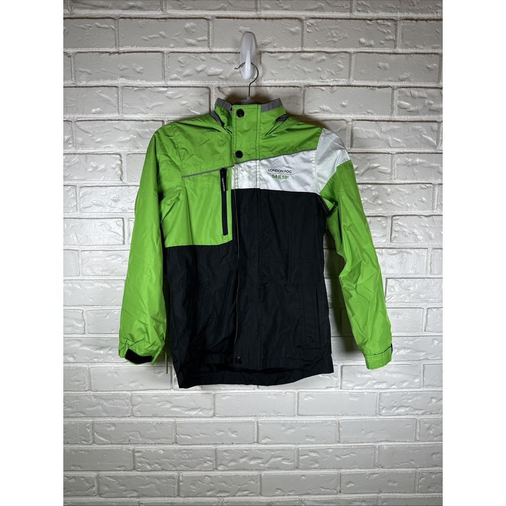 London Fog Boys Jacket Green Black Colorblock Zip Hook Loop Hood Snap M 10-12